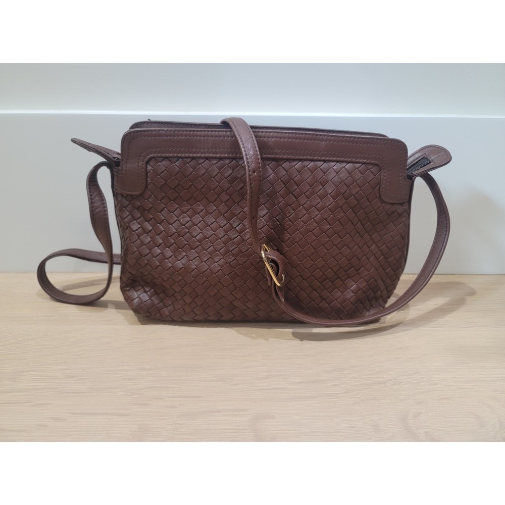 Vintage Ganson Leather Woven Brown.Crossbody Bag Top Zipper With 2 Pockets - Picture 2 of 15